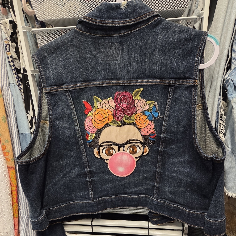 Torrid Denim Vest with Floral and Pink Bubblegum Design